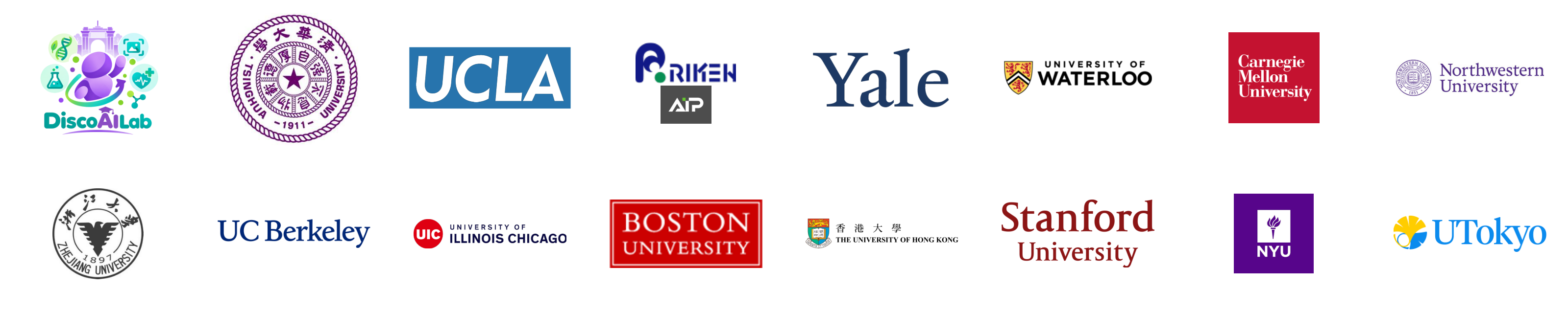 Logos of the contributing institutions: DiscoAILab, Tsinghua University, UCLA, RIKEN AIP, Yale University, University of Waterloo, Carnegie Mellon University, Northwestern University, Zhejiang University, UC Berkeley, University of Illinois Chicago, Boston University, The University of Hong Kong, Stanford University, New York University, The University of Tokyo